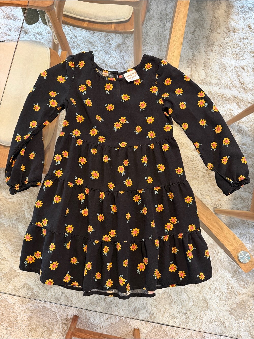 jumping beans Black Floral Tiered Dress with Yellow Flowers and Orange Centers